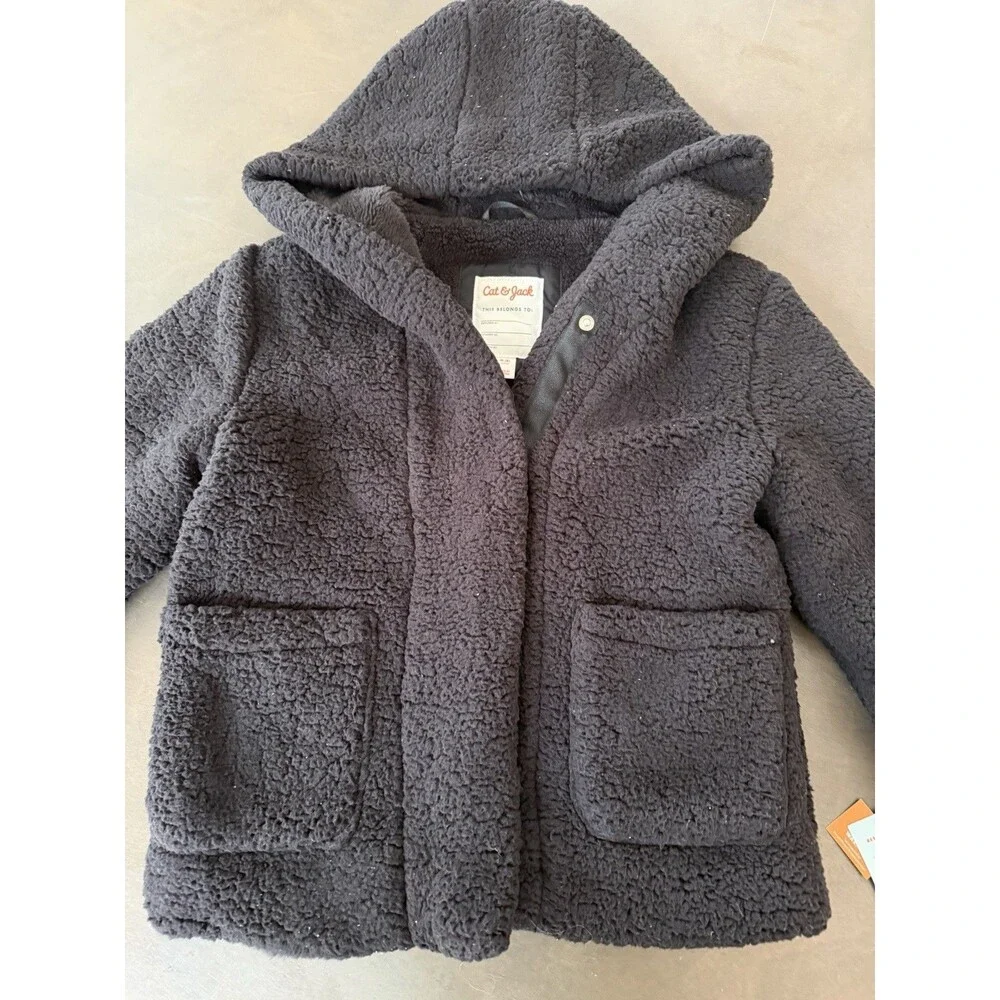 Girls' Faux Shearling Jacket Cat & Jack Black size M jacket coat hooded cozy top